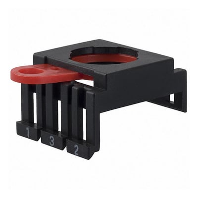 Omron monteringslås A22-3210 i sort plast med en rød betjeningsdel, nummereret 1, 2 og 3.