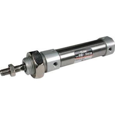 SMC cylinder CD85N20-25C-B, Ø20-25 mm, med en gevindstang, møtrik og flangemontering på en hvid baggrund.