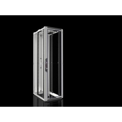 Rittal VX IT standard netværks-/serverskab 600x2000x800 mm, 42U, med lukket glasdør i aluminium foran og ståldør bagpå, vist på sort baggrund.