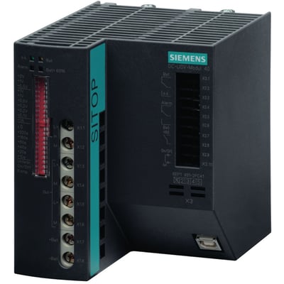 Siemens SITOP DC-UPS modul 40A med USB interface, en kompakt sort enhed med grønne og røde markeringer, viser tilslutningsmuligheder og LED-indikatorer.