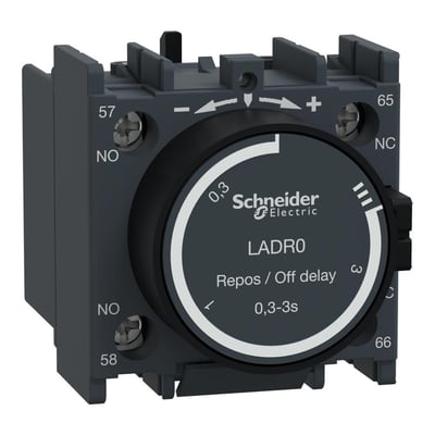 Detaljeret visning af Schneider Electric LADR0 tidsblok, fremviser indstillingsringen for forsinkelse og terminaler med nummerering.