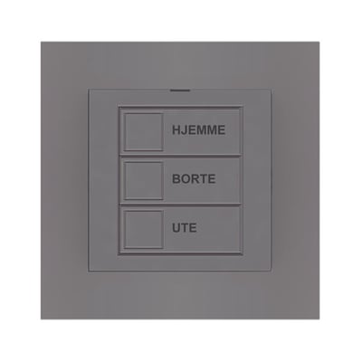 mTouch sparekontakt med mat aluminiumsfinish, viser tre knapper mærket "HJEMME", "BORTE" og "UTE" på hvid baggrund.