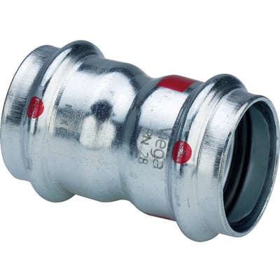 Viega Prestabo muffe i 18 mm forzinket stål med V-bakker og SC-Contur, viser røde markeringer.