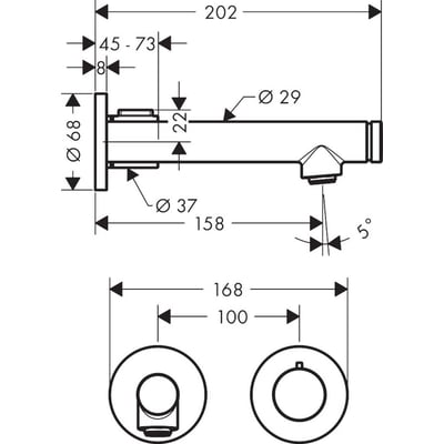 Teknisk tegning af AXOR etgrebsbatteri til vægmontering, viser dimensioner på tud, greb og montageplade i mm.