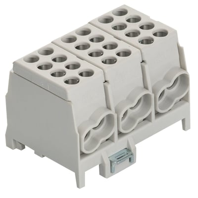 Grå HLAK klemme med 2 skruer pr. indgang, 3x 25mm² indgange og udgange, godkendt til 1000V.