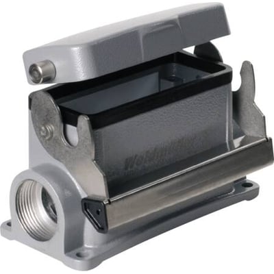 Gråt Weidmüller HDC Industristik Sokkelhus str. 6 med åbent låg, viser PG21 gevind og metalbøjle.