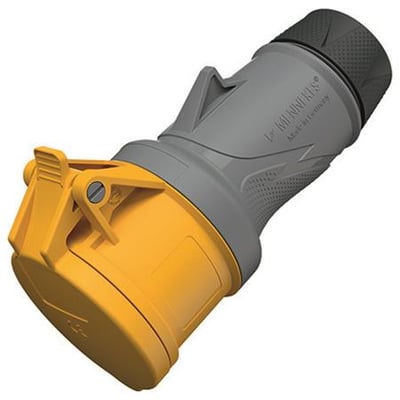 Mennekes PowerTOP Xtra CEE-forlængerled med gult stik, gråt ergonomisk hus og sort kabelindføring, 16A, 110V.