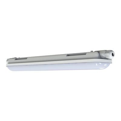 Gråt Ledvance Damp Proof ECO LED-armatur på 600 mm med lang, hvid lysdiffuser og runde endestykker, set skråt fra siden.