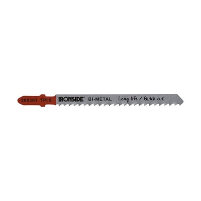 Ironside stiksavklinge T127D i Bi-metal, 100 x 8 x 1,5 mm, set fra siden med sølvfarvet klinge og rødt skaft.