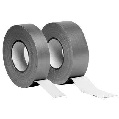 To ruller Lindab ventilationstape i grå lærred, 48 mm x 50 meter, står side om side med tape trukket ud.