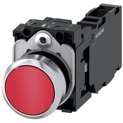 Siemens Sirius ACT 22mm trykknap i metal med rød knap og 1 NO kontakt, vist med monteringsdetaljer.