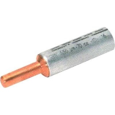 Elpress bimetal pindbolt i aluminium og kobber, vist med en vinkel der fremhæver overgangen mellem materialerne og mærkningen 'SE 150 rm-70 se'.