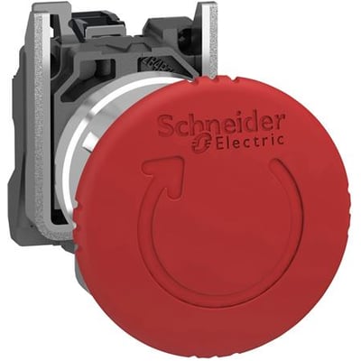 Schneider Electric komplet nødstop Ø40 mm med rød tryk/drej padde og synlig monteringskontakt på grå baggrund.