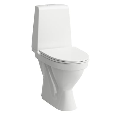 Hvidt, gulvstående Laufen Kompas N-toilet med cisterne og forhøjet siddehøjde på 46 cm, set skråt forfra.
