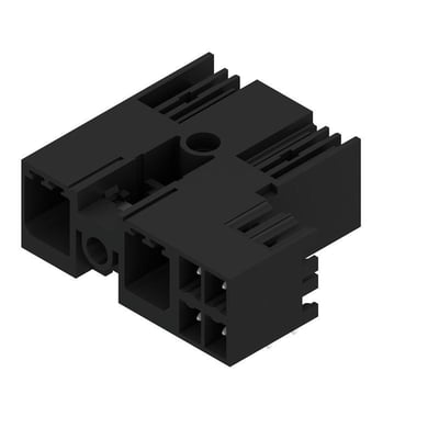 Weidmüllers sorte hybridstik til printkort med 2 poler, 7,62 mm afstand og 90° udgående vinkel, set skråt ovenfra.