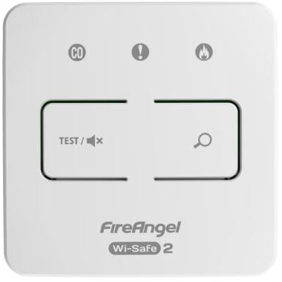 Hvid Fireangel WTSL-F fjernbetjening med tydelige symboler for kulilte, alarm og ild samt knapper til test og lokaliseringsfunktion.