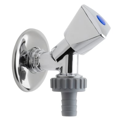 Aftapventil med ½" gevind og krom greb, vist med en grå plast-slangekobling på hvid baggrund.