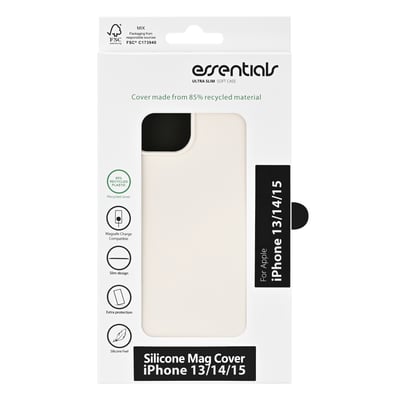 Emballagen viser et hvidt Essentials-silikonecover til iPhone 13, 14 og 15 med MagSafe-kompatibilitet.