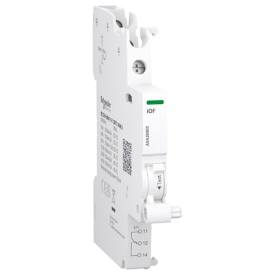 Schneider Electric Acti9 iOF signal kontakt, der fremhæver den grønne indikator og testfunktionen, monteret på en DIN-skinne.