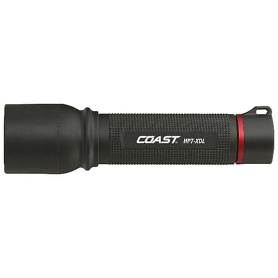Coast HP7XDL LED lommelygte i sort letvægts plastik med teksturerede greb og rød detaljering nær enden.