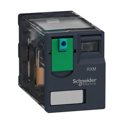 Schneider Electric Harmony RXM miniature plug-in-relæ med 3 CO kontakter og 110V DC spole i mørkegrå plast med grøn låseknap.