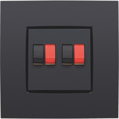 Niko afdækning i antracit til dobbelt højttalerudtag med fire sorte og røde terminaler.