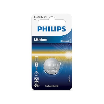 Philips CR2032 lithium knapcellebatteri til elektronik, 3V, 1 stk. i blisterpakke med tydelig produktinformation.