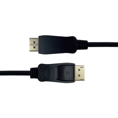 Sort Deltaco DisplayPort 1.2-kabel på 2 meter med begge stik vist tæt på, set fra siden.
