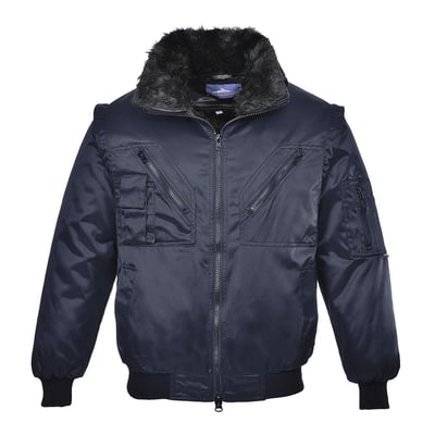 Klassisk navy pilotjakke i størrelse XL med aftagelig pelskrave, lynlås og flere lommer.