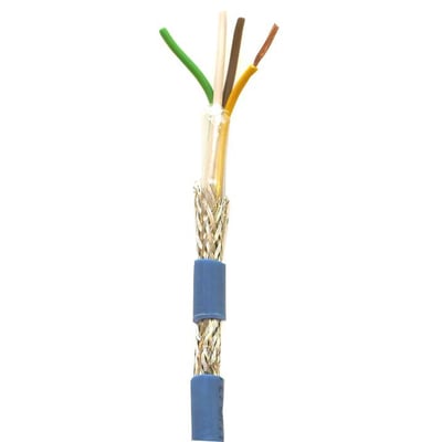 Multikabel LIYCY/EB-O 2x0,75 med fire indre ledere i farverne grøn, hvid, brun og gul, med skærm og blå yderkappe.