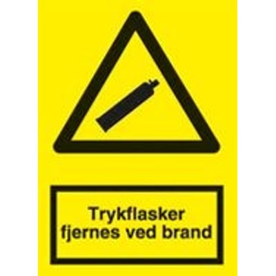 Gult advarselsskilt i A4-format, viser advarsel om trykflasker ved brand med symbol og tekst.