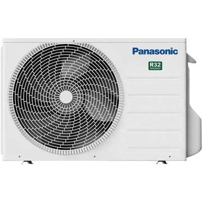 Frontvisning af Panasonic Z-serie luft/luft varmepumpe udedel, hvid, med fokus på den cirkulære ventilator og R32 kølemiddel-mærkat.