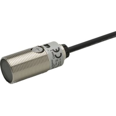 Omron E3FB-DN12 fotoelektrisk sensor med M18 metalgevind, rød LED og 2 meter kabel på hvid baggrund.
