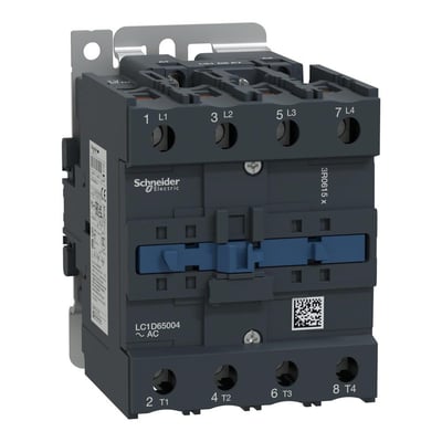 Schneider Electric TeSys D 4-pole kontaktor med 65A, 48VAC og mærket LC1D65004. Den har tydeligt markerede tilslutninger L1, L2, L3, L4 og T1, T2, T3, T4.