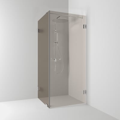 Svedbergs 180° brusehjørne, 90x100x200 cm, med bronzegråt glas og kromfarvede beslag, set forfra.