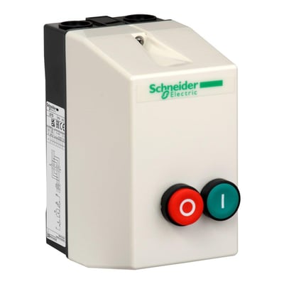 Schneider Electric TeSys LE kapslet motorstarter 9A, 400V AC, IP65 med grøn start og rød stop trykknap på hvid baggrund.