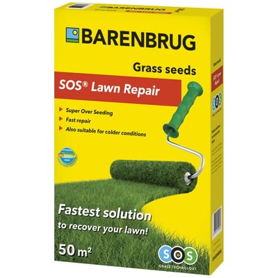 Barenbrug SOS Lawn Repair græsfrø, 1 kg, vist på en gul emballage med en grøn rulle, der skaber en grøn græsmåtte.