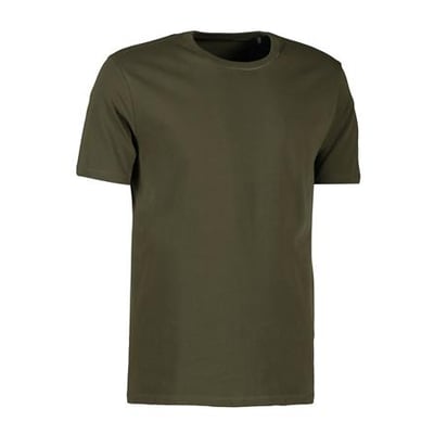 ID Identity økologisk olivenfarvet T-shirt i størrelse L, vist forfra med kortærmet design og rund halsudskæring.