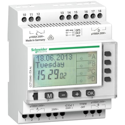 Schneider Electric digitalt kontaktur ITA, 4 kanaler, med stort display der viser dato, tid og kanaler A, B, C, D.