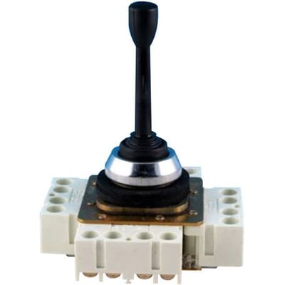 Schneider Electric 4-vejs joystick-controller med 30mm greb og krom frontring, vist isoleret på hvid baggrund.
