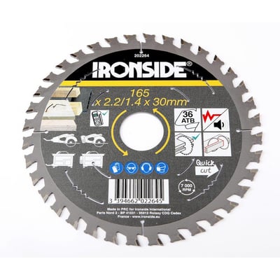 Ironside rundsavklinge til træ med søm, 165 mm og 36 tænder, fylder billedet med de skarpe tænder og mærkningen tydeligt synlig.