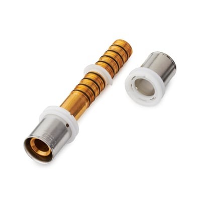 Roth 32 mm MS-reparationsfittings til alu-laserplus rør, med muffe samling, vist med aftagelig hvid ring og messing-inserts.