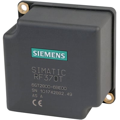 Siemens Simatic RF300 transponder RF370T, model 6GT2800-5BE00, mørkegrå med synligt Siemens logo og produktinformation på en hvid baggrund.