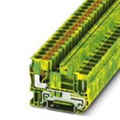 Detaljeret billede af Phoenix Contact Jordklemme PT 6/1P-PE, viser push-in-tilslutningens mekanisme og grøn/gule farve.