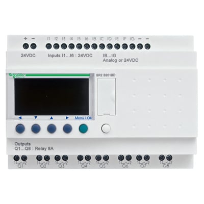Schneider Electric Zelio Logic SR2B programmerbar controller med 12 V DC, LCD display, 20 I/O og skrueklemmer på hvid baggrund.