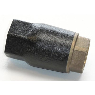 Grundfos mellemventil i sort støbejern med fjederbelastning og 3" tilslutningsgevind i messing, vist på hvid baggrund.