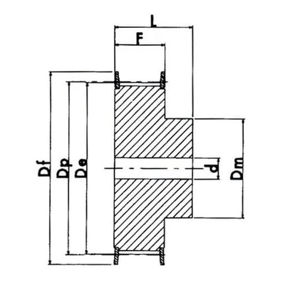 Måltegning af HTD-tandremskive med flange og taperbøsning, model 8M med 24 tænder og 30 mm rembredde.