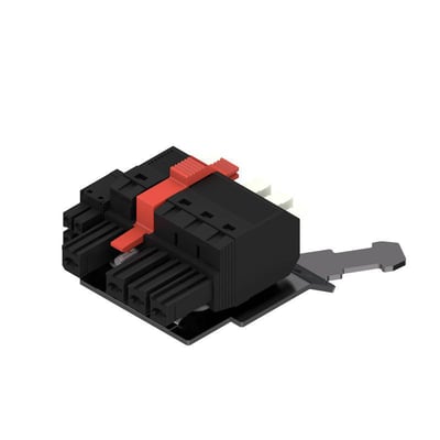 Weidmüllers sorte hybridconnector til PCB med fire poler og rød PUSH IN-aktuator, set skråt forfra.