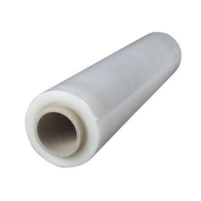 Håndstrækfilm i cast-type, 0,02 mm tyk, 450 mm bred og 300 meter lang, præsenteret på en rulle med papkerne.