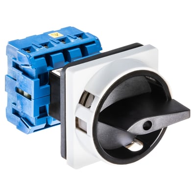 Kraus & Naimer specialafbryder KG20B.T1, 4-polet, 25A, med aflåseligt sort/gråt greb og blå terminaler på hvid baggrund.